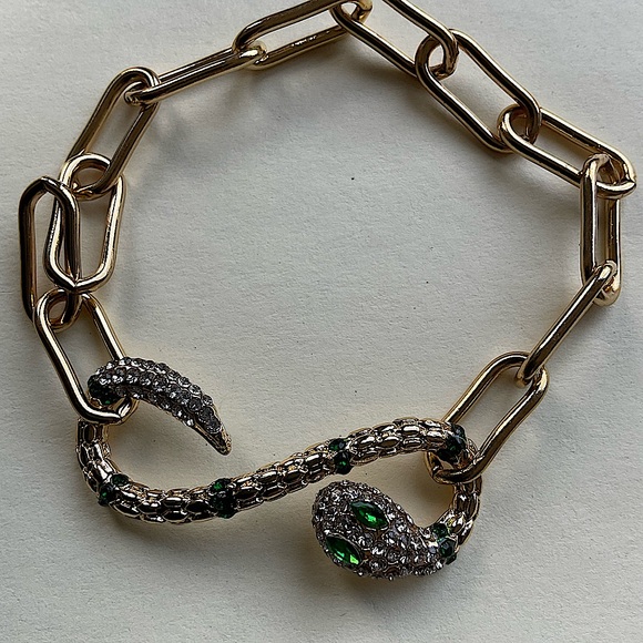 Snake Clasp paper Clip Chain Bracelet Green Eyes Rhinestone Snake. - Picture 7 of 8
